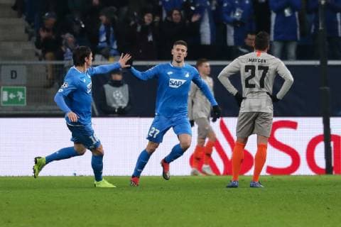 v.li.: Nico Schulz (Hoffenheim, 16), Torschütze Andrej Kramaric (Hoffenheim, 27), Maycon de Andrade Barberan (Donezk, 27), jubeln über das Tor zum 1:2, Jubel, Torjubel, Torerfolg, celebrate the goal, goal, celebration, Jubel ueber das Tor, optimistisch, Spielszene, Highlight, Action, Aktion, Fussball, UEFA Champions League, TSG 1899 Hoffenheim - FK Schachtar Donezk,