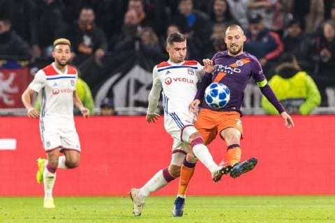 (L-R) Houssem Aouar of Olympique Lyonnais, David Silva of Manchester City during the UEFA Champions League group F match between Olympique Lyonnais and Manchester City at Stade de Lyon on November 27, 2018 in Decines, France UEFA Champions League 2018 2019 xVIxVIxImagesx xGerritxvanxKeulenxIVx 12909676