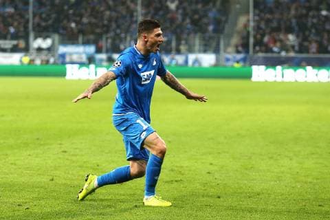 27.11.2018, xtvx, Fussball UEFA Champions League, TSG 1899 Hoffenheim - Schachtar Donezk emspor, v.l. Goal scored, Tor zum 2:2 Steven Zuber (TSG 1899 Hoffenheim) Torjubel, Goal celebration, celebrate the goal, celebrates scoring (DFL DFB REGULATIONS PROHIBIT ANY USE OF PHOTOGRAPHS as IMAGE SEQUENCES and or QUASI-VIDEO) Sinsheim