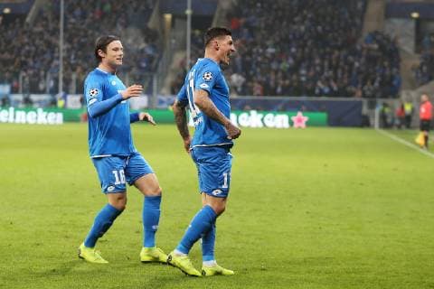 27.11.2018, xtvx, Fussball UEFA Champions League, TSG 1899 Hoffenheim - Schachtar Donezk emspor, v.l. Goal scored, Tor zum 2:2 Steven Zuber (TSG 1899 Hoffenheim) Torjubel, Goal celebration, celebrate the goal, celebrates scoring Nico Schulz (TSG 1899 Hoffenheim) Steven Zuber (TSG 1899 Hoffenheim) (DFL DFB REGULATIONS PROHIBIT ANY USE OF PHOTOGRAPHS as IMAGE SEQUENCES and or QUASI-VIDEO) Sinsheim