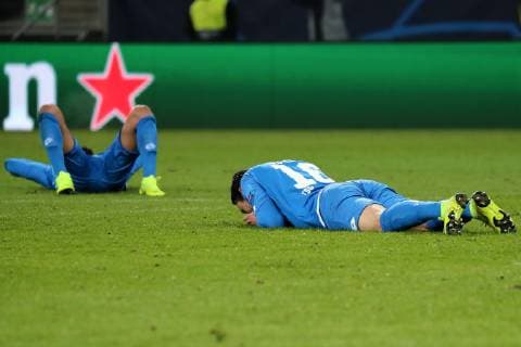 Sport Bilder des Tages v.li.: Kerem Demirbay (Hoffenheim, 10) und Nico Schulz (Hoffenheim, 16) am Boden, enttäuscht schauend, Enttäuschung, Frustration, disappointed, pessimistisch, Fussball, UEFA Champions League, TSG 1899 Hoffenheim - FK Schachtar Donezk,