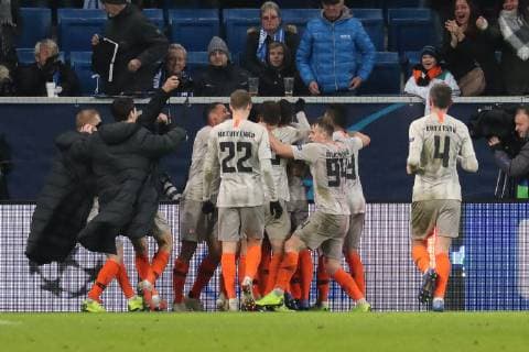Spieler vom FC Shakhtar Donetsk (Schachtar Donezk) jubeln über das Tor zum 2:3, Jubel, Torjubel, Torerfolg, celebrate the goal, goal, celebration, Jubel ueber das Tor, optimistisch, Spielszene, Highlight, Action, Aktion, Fussball, UEFA Champions League, TSG 1899 Hoffenheim - FK Schachtar Donezk,