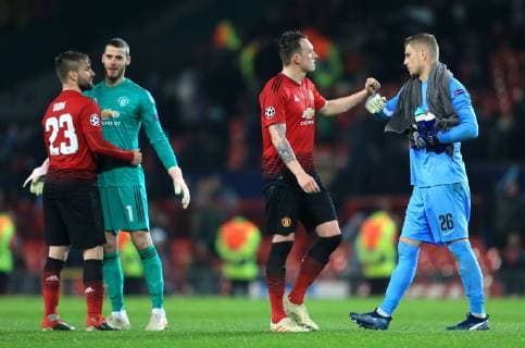 Manchester United ManU s Phil Jones shakes hands with David von Ballmoos of BSC Young Boys during the UEFA Champions League match at Old Trafford, Manchester. Picture date 27th November 2018. Picture credit should read: Matt McNulty Sportimage EDITORIAL USE ONLY. No use with unauthorised audio, video, data, fixture lists, club league logos or live services. Online in-match use limited to 120 images, no video emulation. No use in betting, games or single club league player publications.
