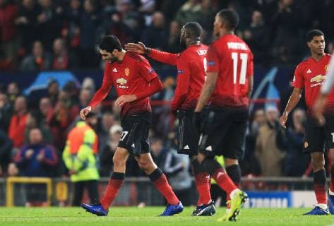Manchester United ManU s Marouane Fellaini celebrates after scoring his teams first goal during the UEFA Champions League match at Old Trafford, Manchester. Picture date 27th November 2018. Picture credit should read: Matt McNulty Sportimage EDITORIAL USE ONLY. No use with unauthorised audio, video, data, fixture lists, club league logos or live services. Online in-match use limited to 120 images, no video emulation. No use in betting, games or single club league player publications.