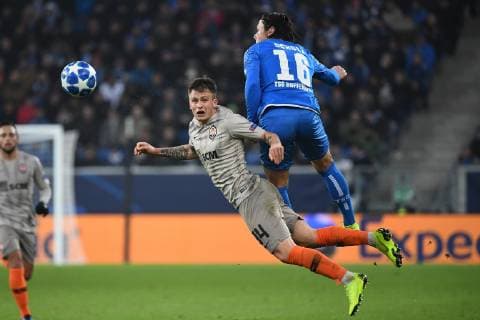 27.11.2018, xmeix, Fussball UEFA Champions League, TSG 1899 Hoffenheim - FC Shakhtar Donetsk, emspor, v.l. Danchenko Oleg (Schachtar Donezk) gegen Nico Schulz (TSG 1899 Hoffenheim) (DFL DFB REGULATIONS PROHIBIT ANY USE OF PHOTOGRAPHS as IMAGE SEQUENCES and or QUASI-VIDEO) Sinsheim