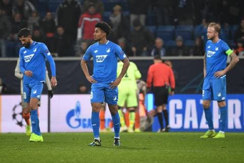 27.11.2018, xmeix, Fussball UEFA Champions League, TSG 1899 Hoffenheim - FC Shakhtar Donetsk, emspor, v.l. Kevin Vogt (TSG 1899 Hoffenheim), Reiss Nelson (TSG 1899 Hoffennheim), Kerem Demirbay (TSG 1899 Hoffenheim), Andrej Kramaric (TSG 1899 Hoffenheim) (DFL DFB REGULATIONS PROHIBIT ANY USE OF PHOTOGRAPHS as IMAGE SEQUENCES and or QUASI-VIDEO) Sinsheim