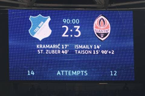 27.11.2018, xmeix, Fussball UEFA Champions League, TSG 1899 Hoffenheim - FC Shakhtar Donetsk, emspor, v.l. Endstand (DFL DFB REGULATIONS PROHIBIT ANY USE OF PHOTOGRAPHS as IMAGE SEQUENCES and or QUASI-VIDEO) Sinsheim