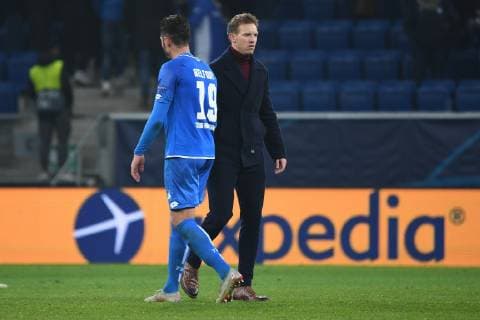 27.11.2018, xmeix, Fussball UEFA Champions League, TSG 1899 Hoffenheim - FC Shakhtar Donetsk, emspor, v.l. Ishak Belfodil (TSG 1899 Hoffenheim), Hoffenheims Trainer Julian Nagelsmann (TSG 1899 Hoffenheim) (DFL DFB REGULATIONS PROHIBIT ANY USE OF PHOTOGRAPHS as IMAGE SEQUENCES and or QUASI-VIDEO) Sinsheim