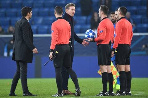 27.11.2018, xmeix, Fussball UEFA Champions League, TSG 1899 Hoffenheim - FC Shakhtar Donetsk, emspor, v.l. Trainer Paulo Fonseca (Schachtar Donezk), Hoffenheims Trainer Julian Nagelsmann (TSG 1899 Hoffenheim) mit dem Schiedsrichtergespann von Schiedsrichter Ivan Kruzliak (DFL DFB REGULATIONS PROHIBIT ANY USE OF PHOTOGRAPHS as IMAGE SEQUENCES and or QUASI-VIDEO) Sinsheim