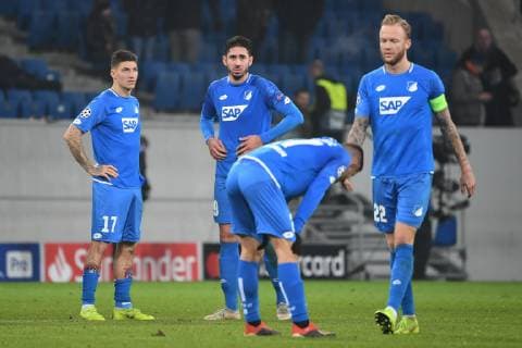 27.11.2018, xmeix, Fussball UEFA Champions League, TSG 1899 Hoffenheim - FC Shakhtar Donetsk, emspor, v.l. Steven Zuber (TSG 1899 Hoffenheim), Ishak Belfodil (TSG 1899 Hoffenheim), Andrej Kramaric (TSG 1899 Hoffenheim), Kevin Vogt (TSG 1899 Hoffenheim) (DFL DFB REGULATIONS PROHIBIT ANY USE OF PHOTOGRAPHS as IMAGE SEQUENCES and or QUASI-VIDEO) Sinsheim