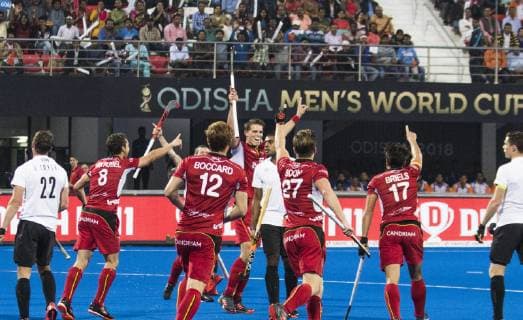 Belgium s Felix Denayer(C) celebrate during the 0-1 goal at the first game of Belgian national hockey team the Red Lions against Canada in the Kalinga Stadium in Bhubaneswar, India, at the hockey World Cup, in the group C, Wednesday 28 November 2018. DANIELxTECHY  x05478427x