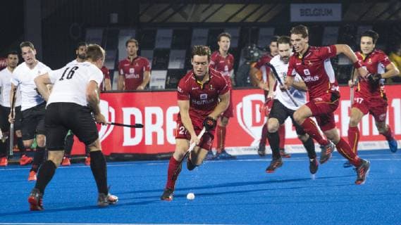 Canada s Gordon Johnston (L) , Belgium s Tom Boon (C) and Belgium s Felix Denayer (R) pictured in action the first game of Belgian national hockey team the Red Lions against Canada in the Kalinga Stadium in Bhubaneswar, India, at the hockey World Cup, in the group C, Wednesday 28 November 2018. DANIELxTECHY  x05478552x