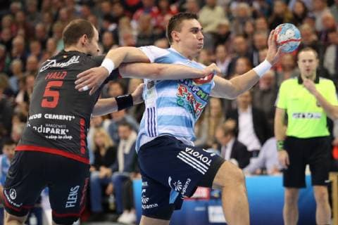 SG Flensburg-Handewitt vs MOL-Pick Szeged, Handball, EHF Champions League Gruppenphase, 28.11.18 Richard Bodo (MOL-Pick Szeged, 09), Simon Hald Jensen (SG Flensburg-Handewitt, 05)