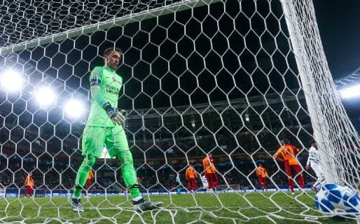 MOSCOW, RUSSIA â€“ NOVEMBER 28, 2018: Galatasaray Istanbulâ€™s Fernando Muslera has conceded a goal in their 2018 19 UEFA Champions League Group D Round 5 football match against Lokomotiv Moscow at RZD Arena; Lokomotiv Moscow won 2-0. Sergei Fadeichev TASS  TS099243