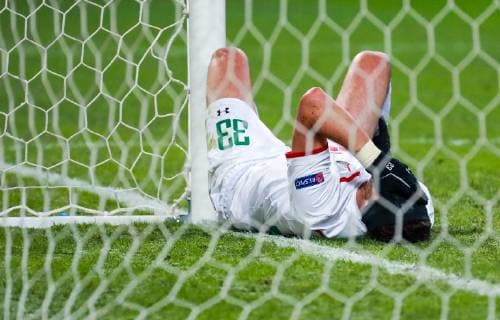 MOSCOW, RUSSIA â€“ NOVEMBER 28, 2018: Lokomotiv Moscowâ€™s Solomon Kvirkvelia injured in their 2018 19 UEFA Champions League Group D Round 5 football match against Galatasaray Istanbul at RZD Arena; Lokomotiv Moscow won 2-0. Sergei Fadeichev TASS  TS099278