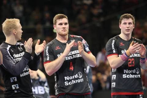 Anders Zachariassen (SG Flensburg-Handewitt, 22), Johannes Golla (SG Flensburg-Handewitt, 04), Goeran Soegard Johannessen (SG Flensburg-Handewitt, 23) Flensburg Schleswig-Holstein Deutschland Flens-Arena Copyright: xAgentur54Gradx xSpeedphotosx