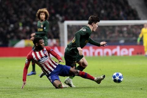 Atletico de Madrid s Thomas Lemar and AS Monaco s Giulian Biancone during UEFA Champions League match between Atletico de Madrid and AS Monaco at Wanda Metropolitano Stadium in Madrid, Spain. November 28, 2018.  (201811280037)