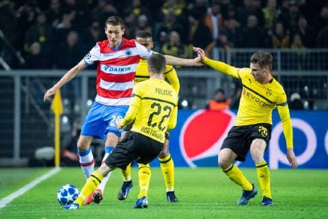 28.11.2018, xkvx, Fussball UEFA Champions League, Borussia Dortmund - Club Bruegge emspor, v.l. Hans Vanaken (Club Bruegge), Christian Pulisic (BVB Borussia Dortmund), Lukasz Piszczek (BVB Borussia Dortmund) (DFL DFB REGULATIONS PROHIBIT ANY USE OF PHOTOGRAPHS as IMAGE SEQUENCES and or QUASI-VIDEO) Dortmund