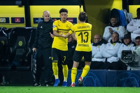 28.11.2018, xkvx, Fussball UEFA Champions League, Borussia Dortmund - Club Bruegge emspor, v.l. Jadon Sancho (BVB Borussia Dortmund), Raphael Guerreiro (BVB Borussia Dortmund) (DFL DFB REGULATIONS PROHIBIT ANY USE OF PHOTOGRAPHS as IMAGE SEQUENCES and or QUASI-VIDEO) Dortmund