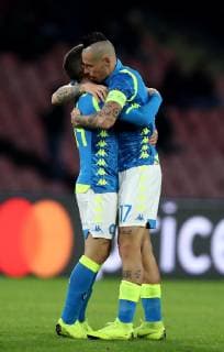 November 28, 2018 - Naples, Italy - SSC Napoli - FK Crvena zvezda : UEFA Champions League Group C .Dries Mertens of Napoli celebrates with Marek Hamsik after scoring the goal of 3-0 at San Paolo Stadium in Naples, Italy on November 28, 2018. .SSC Napoli v Red Star Belgrade - UEFA Champions League Group C  - ZUMAn230 20181128_zaa_n230_342 Copyright: xMatteoxCiambellix