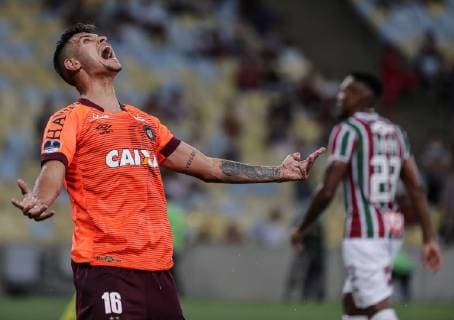 Atletico Paranaense s Bruno Guimarães celebrates after scoring a goal during a Copa Sudamericana semifinal match between Atletico Paranaense at the Maracana stadium, in Rio de Janeiro, Brazil, 28 November 2018. Fluminense vs. Atletico Paranaense !ACHTUNG: NUR REDAKTIONELLE NUTZUNG!  Copyright: xAntonioxLacerdax AME2121 20181129-636790542273242579