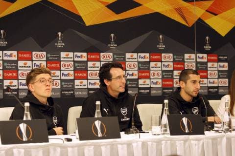 Midfielder Henrikh Mkhitaryan and head coach Unai Emery (R to L) attend the pre-match news conference of Arsenal FC ahead of the UEFA Europa League Group E Matchday 5 game against FC Vorskla Poltava, Kyiv, capital of Ukraine, November 28, 2018. Ukrinform. Arsenal s pre-match news conference in Kyiv  Copyright: xSirykxAnatoliix