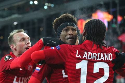 MOSCOW, RUSSIA - NOVEMBER 29, 2018: Spartak Moscow s Denis Glushakov, Ze Luis, and Luiz Adriano (L-R) celebrate scoring in the 2018 19 UEFA Europa League Group G Round 5 football match against Rapid Vienna at Otkrytie Arena. Sergei Bobylev TASS  TS09943E
