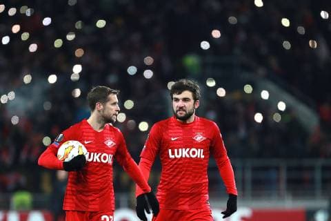 MOSCOW, RUSSIA - NOVEMBER 29, 2018: Spartak Moscow s Dmitry Kombarov (L) and Georgi Dzhikia in the 2018 19 UEFA Europa League Group G Round 5 football match against Rapid Vienna at Otkrytie Arena. Sergei Fadeichev TASS  TS099472