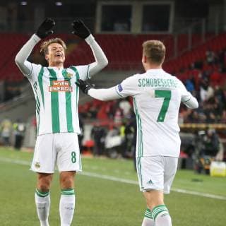 SOCCER - UEFA EL, Spartak vs Rapid MOSCOW,RUSSIA,29.NOV.18 - SOCCER - UEFA Europa League, group stage, FC Spartak Moscow vs SK Rapid Wien. Image shows the rejoicing of Stefan Schwab and Philipp Schobesberger (Rapid). Keywords: Wien Energie. GEPAxpictures xPhilippxBrem
