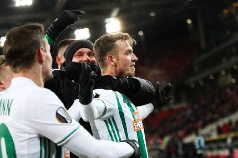 SOCCER - UEFA EL, Spartak vs Rapid MOSCOW,RUSSIA,29.NOV.18 - SOCCER - UEFA Europa League, group stage, FC Spartak Moscow vs SK Rapid Wien. Image shows the rejoicing of Philipp Schobesberger (Rapid). Keywords: Wien Energie. GEPAxpictures xPhilippxBrem