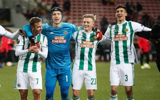 SOCCER - UEFA EL, Spartak vs Rapid MOSCOW,RUSSIA,29.NOV.18 - SOCCER - UEFA Europa League, group stage, FC Spartak Moscow vs SK Rapid Wien. Image shows the rejoicing of Philipp Schobesberger (Rapid), Richard Strebinger (Rapid), Manuel Thurnwald (Rapid) and Mert Muelduer (Rapid). Keywords: Wien Energie. GEPAxpictures xPhilippxBrem