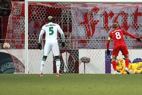 MOSCOW, RUSSIA - NOVEMBER 29, 2018: Spartak Moscow s goalkeeper Artyom Rebrov concedes a goal in the 2018 19 UEFA Europa League Group G Round 5 football match against Rapid Vienna at Otkrytie Arena. Sergei Fadeichev TASS  TS099486