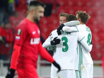 MOSCOW, RUSSIA - NOVEMBER 29, 2018: Rapid Vienna s players (R) celebrate their victory in the 2018 19 UEFA Europa League Group G Round 5 football match against Spartak Moscow at Otkrytie Arena. Sergei Bobylev TASS  TS0994A2
