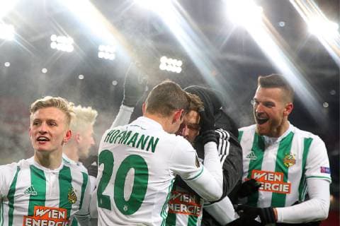 MOSCOW, RUSSIA - NOVEMBER 29, 2018: Rapid Vienna s Manuel Thurnwald, Maximilian Hofmann (L-R), and Mateo Barac (R) celebrate their victory in the 2018 19 UEFA Europa League Group G Round 5 football match against Spartak Moscow at Otkrytie Arena. Sergei Bobylev TASS  TS0994AD