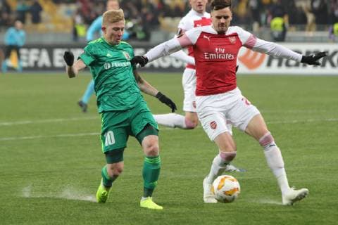 Forward Vladyslav Kulach (L) of FC Vorskla Poltava and defender Carl Jenkinson of Arsenal FC are seen in action during the UEFA Europa League Group E Matchday 5 game at the NSC Olimpiyskiy, Kyiv, capital of Ukraine, November 29, 2018. Ukrinform. UEL: Vorskla vs Arsenal FC in Kyiv  Copyright: xPavlo_Bagmutx
