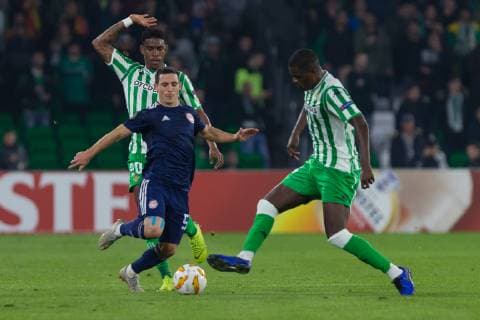 29th November 2018, Estadio Benito Villamarin, Seville, Spain; UEFA Europa League football, Real Betis versus Olympiakos; Carvalho and Junior of Real Betis press Daniel Podence of Olympiacos  ActionPlus12083904 AntonioxGomez