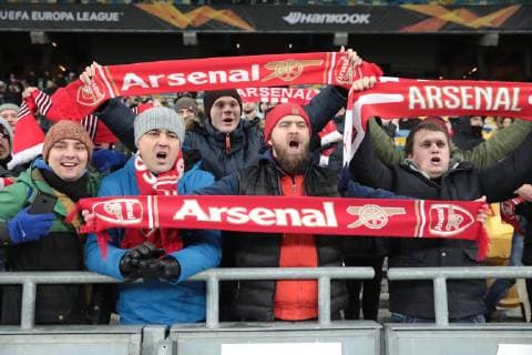 Fans of Arsenal FC take their seats on the stands before the UEFA Europa League Group E Matchday 5 game against FC Vorskla Poltava at the NSC Olimpiyskiy, Kyiv, capital of Ukraine, November 29, 2018. Ukrinform. UEL: Vorskla vs Arsenal in Kyiv  Copyright: xHennadiixMinchenkox
