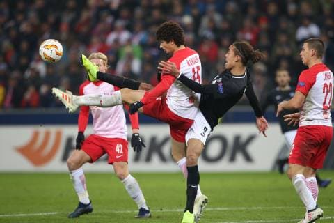 SOCCER - UEFA EL, RBS vs RB Leipzig SALZBURG,AUSTRIA,29.NOV.18 - SOCCER - UEFA Europa League, group stage, Red Bull Salzburg vs RasenBallsport Leipzig. Image shows Andre Ramalho (RBS) and Yussuf Poulsen (RB Leipzig). GEPAxpictures xMathiasxMandl