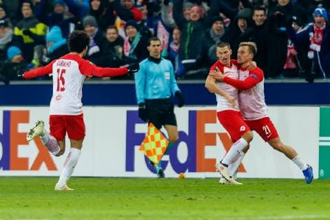 Oesterreich, Salzburg 29.11.2018, UEFA Europa League - 2018 19 Season, Vorrunde, Gruppenphase - Gruppe B - 5. Spieltag, RB Salzburg - RB Leipzig jubel, Torjubel um Fredrik Gulbrandsenv (RBS) nach dem treffer zum 1:0 ( DeFodi507