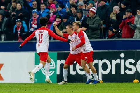 Oesterreich, Salzburg 29.11.2018, UEFA Europa League - 2018 19 Season, Vorrunde, Gruppenphase - Gruppe B - 5. Spieltag, RB Salzburg - RB Leipzig jubel, Torjubel um Fredrik Gulbrandsenv (RBS) nach dem treffer zum 1:0 ( DeFodi507