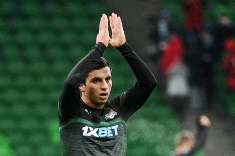 KRASNODAR, RUSSIA - NOVEMBER 29, 2018: FC Krasnodar s Magomed-Shapi Suleimanov celebrates his team s victory in the 2018 19 UEFA Europa League Group J Round 5 football match against Akhisar Belediyespor at Krasnodar Stadium. Maxim Romanov TASS  TS0994F5