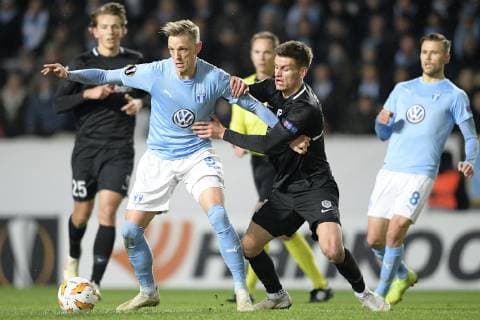 Malmo FF s midfielder Soren Rieks and Genk s Joakim Maehle fight for the ball during the match between Belgian soccer team KRC Genk and Swedish club Malmo in Malmo, Sweden, Thursday 29 November 2018, on the fifth day of the UEFA Europa League group stage, in group I. YORICKxJANSENS  x05479527x