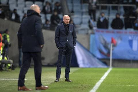 Genk s head coach Philippe Clement and Malmo FF s head coach German Uwe Rosler pictured during the match between Belgian soccer team KRC Genk and Swedish club Malmo in Malmo, Sweden, Thursday 29 November 2018, on the fifth day of the UEFA Europa League group stage, in group I. YORICKxJANSENS  x05479530x