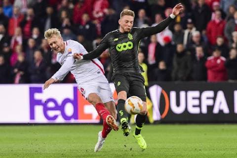 Sevilla s forward Luis Muriel, Sevilla s defender Simon Kjaer and Standard s Renaud Emond fight for the ball during the match between Belgian soccer team Standard de Liege and Spanish club Sevilla, in Liege, Thursday 29 November 2018 on the fifth day of the UEFA Europa League group stage, in group J. LAURIExDIEFFEMBACQ  x05479535x