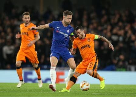 29th November 2018, Stamford Bridge, London, England; UEFA Europa League football, Chelsea versus PAOK; Gary Cahill of Chelsea challenges Vierinha of PAOK  ActionPlus12083936 JohnxPatrickxFletcher