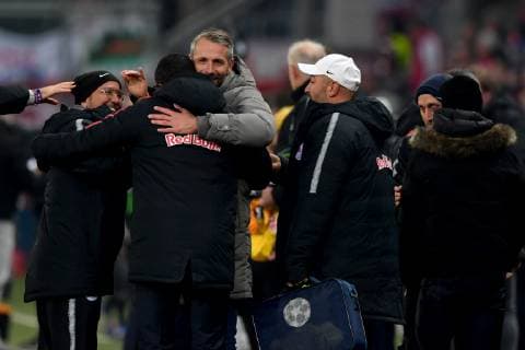 SOCCER - UEFA EL, RBS vs RB Leipzig SALZBURG,AUSTRIA,29.NOV.18 - SOCCER - UEFA Europa League, group stage, Red Bull Salzburg vs RasenBallsport Leipzig. Image shows the rejoicing of RBS and head coach Marco Rose (RBS). GEPAxpictures xFlorianxErtl