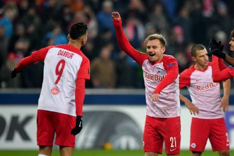 SOCCER - UEFA EL, RBS vs RB Leipzig SALZBURG,AUSTRIA,29.NOV.18 - SOCCER - UEFA Europa League, group stage, Red Bull Salzburg vs RasenBallsport Leipzig. Image shows the rejoicing of Munas Dabbur and Fredrik Gulbrandsen (RBS). GEPAxpictures xFlorianxErtl