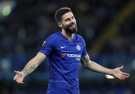 Chelsea s Olivier Giroud celebrates scoring his sides opening goal during the UEFA Europa League, Group L match at Stamford Bridge Stadium, London. Picture date: 29th November 2018. Picture credit should read: David Klein Sportimage EDITORIAL USE ONLY. No use with unauthorised audio, video, data, fixture lists, club league logos or live services. Online in-match use limited to 120 images, no video emulation. No use in betting, games or single club league player publications. A54I7292.JPG