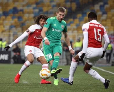 Forward Yurii Kolomoiets (L) of FC Vorskla Poltava and midfielder Ainsley Maitland-Niles of Arsenal FC are seen in action during the UEFA Europa League Group E Matchday 5 game at the NSC Olimpiyskiy, Kyiv, capital of Ukraine, November 29, 2018. Ukrinform. UEL: Vorskla vs Arsenal in Kyiv  Copyright: xDanilxShamkinx