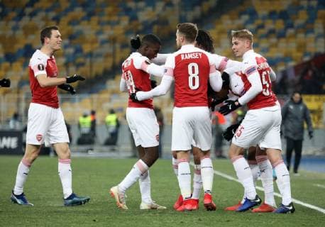 Players of Arsenal FC celebrate forward Joe Willock?s goal during the UEFA Europa League Group E Matchday 5 game against FC Vorskla Poltava at the NSC Olimpiyskiy, Kyiv, capital of Ukraine, November 29, 2018. Ukrinform. UEL: Vorskla vs Arsenal in Kyiv  Copyright: xDanilxShamkinx